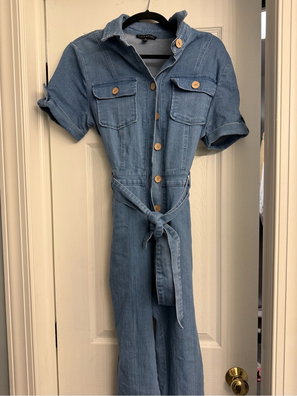 Haute Monde Light Blue Denim Jumpsuit with Wooden Buttons